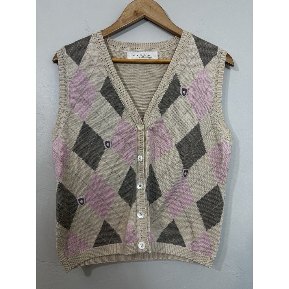 Alexa Stirling Pink Tan Argyle Sweater Vest L Button Preppy Old Money Golf